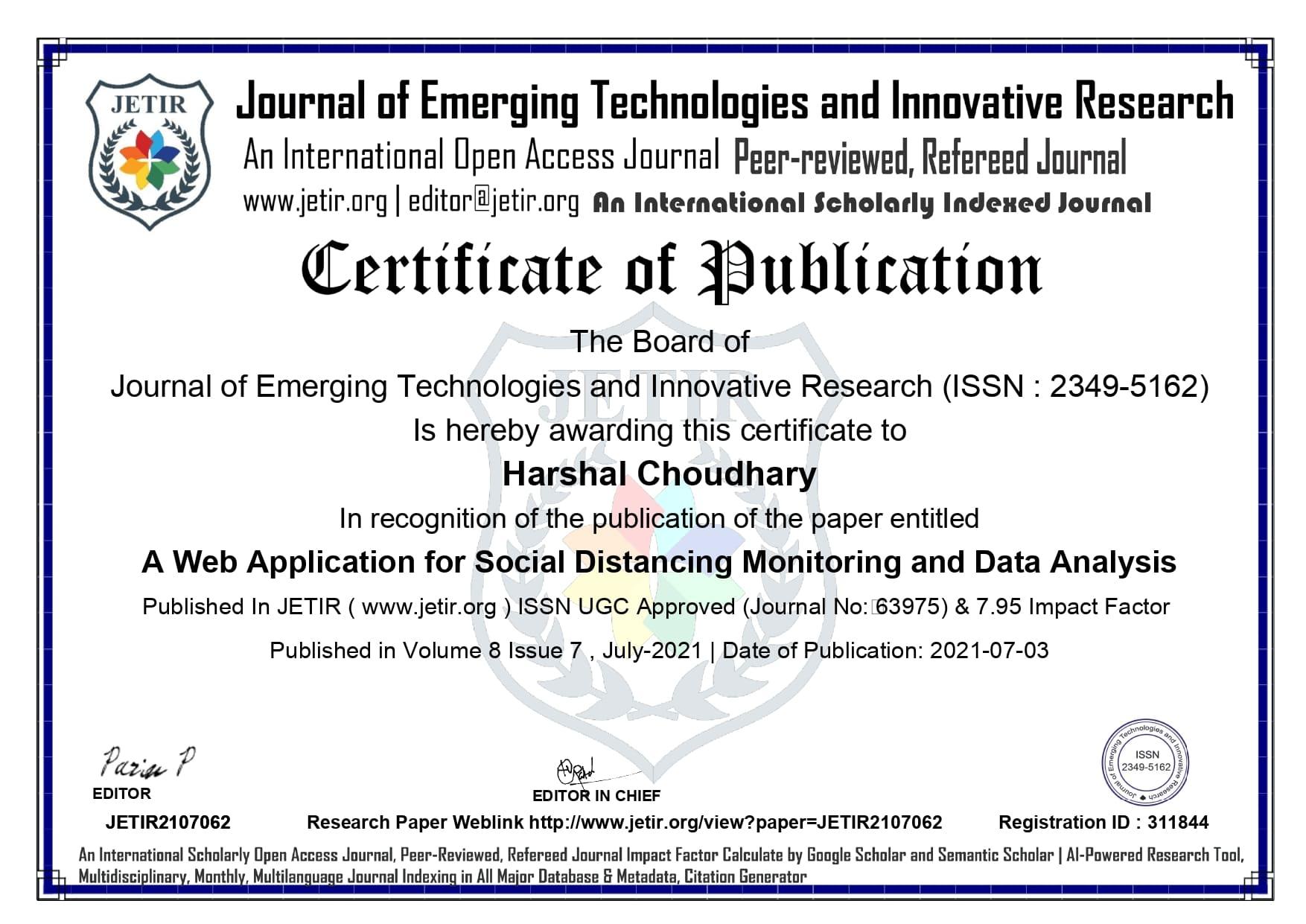 Research Paper publication Certificate in JETIR